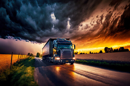 Single Cargo Truck Carrying Container With Mooring On Night Road