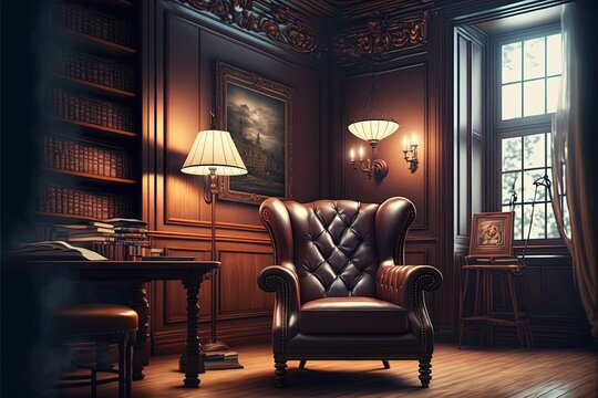Classical library room with old books on shelves in the victorian style. Generative ai illustration