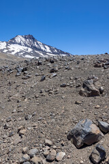 View of the breathtaking landscape at Paso Vergara / Paso del Planchón in Argentina while climbing up to the complex of the three volcanos Azufre, Peteroa and Planchón
