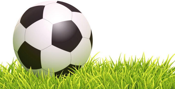 Photo Realistic Background With Classic Soccer Ball In The Green Grass. Close Up View.
