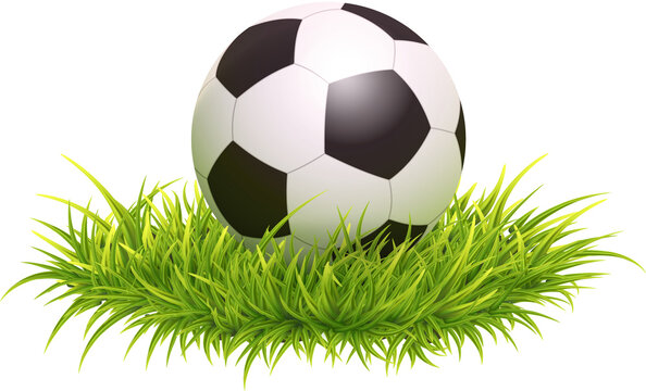 Photo Realistic Illustration Of Classic Soccer Ball In The Green Grass. Close Up View.