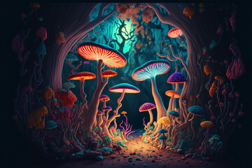 A magical forest with colorful mushrooms