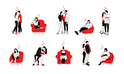 Valentines day concept, icon set of couples in love over white background, colorful minimalistic simple design, vector illustration