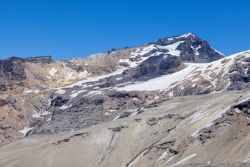 View of the breathtaking landscape at Paso Vergara / Paso del Planchón in Argentina while climbing up to the complex of the three volcanos Azufre, Peteroa and Planchón