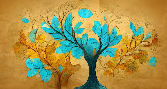 Mural Wallpaper. colorful tree with turquoise, blue and brown leaves in the drawing background.