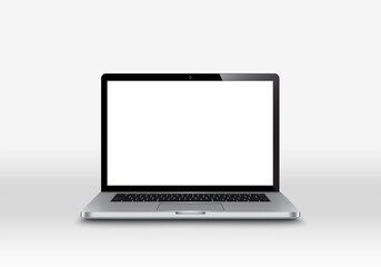 Realistic perspective laptop with keyboard isolated on white background incline 90 degree. Computer notebook with empty screen template. Blank space on mobile computer with keypad. illustration