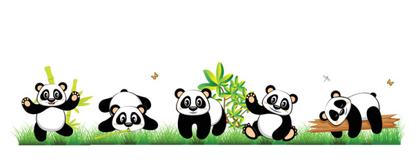 Collection of panda object set with bamboo grass tress and butterfly. vector illustration © ojala