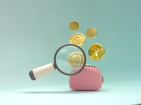 3D Magnifying glass with gold coins and wallet. Ideas for business expansion or savings, business and money planning, and investments.