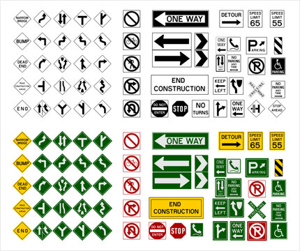 Road Sign Collection Fully Editable Vector Icons In Black And White, Green, Yellow, Red Color