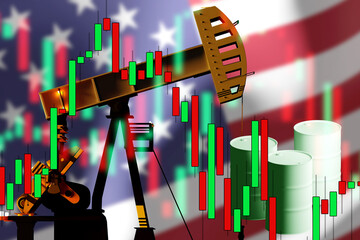 Quotes of oil sector. Petroleum pump with USA flag. Fall in oil production in America. Reducing cost crude oil. Falling prices for petroleum products. US hydrocarbon production technology. 3d image