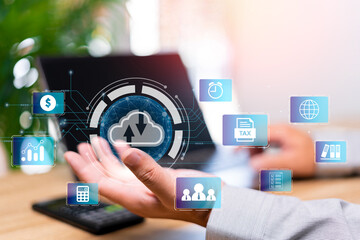 Cloud technology data storage in Networking and internet service concept, Businessman show cloud icon in hand, data management and tax payment efficient online and has high security