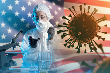 Antiviral laboratory specialist. Man in chemical protection suit. Bacteria near virologist....
