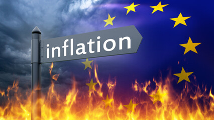 Inflation in European Union. Burning EU flag. Road sign with inscription inflation on fire. Inflationary crisis in Europe. Eurozone problems. European Union economic recession. 3d rendering.