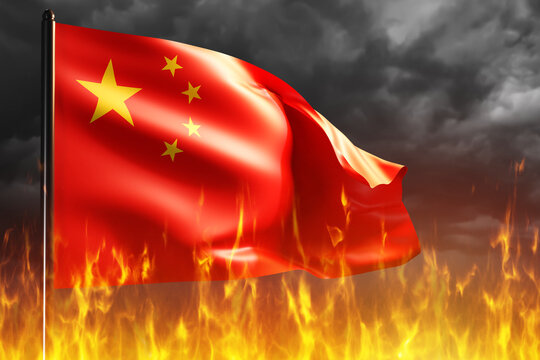 China flag on fire. Waving flag of China in night sky. Tongues of fire under flagpole with PRC symbol. Political problems in Peoples Republic of China concept. Destabilization Chinese state. 3d image