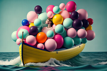 A small ship full of colorful helium balloons sailing the sea. Creative colorful party concept. Beautiful colorful balls as a symbol of fun and love. Illustration, Generative AI. - obrazy, fototapety, plakaty