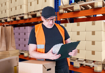 Man warehouse manager. Guy near racks with boxes. Warehouse manager uses clipboard. Man at storage company worker. Manager is auditing warehouse. Supervisor near racks with boxes. Inspector in pantry