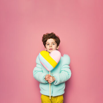 Little School kid dressed in a pastel color clothes, cute suit, holding a heart shaped balloon. Happy children, little Valentine's Day. Pastel background. Illustration. Generative AI.