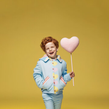 Little School Kid Dressed In A Pastel Color Clothes, Cute Suit, Holding A Heart Shaped Balloon. Happy Children, Little Valentine's Day. Pastel Background. Illustration. Generative AI.