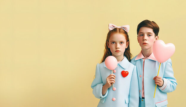 Little School kids dressed in a pastel color clothes, cute suit, holding a heart shaped balloon. Happy children, little Valentine's Day. Pastel background. Illustration. Generative AI.