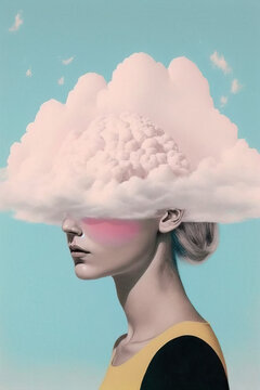 Retro, vintage, abstract collage portrait of a faceless woman with a huge, soft, white cloud on her head. What is in your head? Illustration, Generative AI.