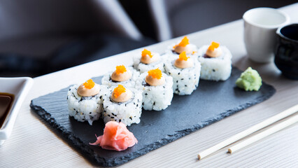 Vegan uramaki. Type of sushi covered with rice on the outside and filled with a combination of vegetables.