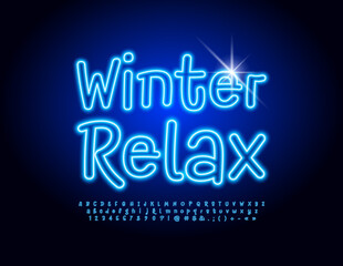 Vector glowing poster Winter Relax. Blue Neon Font. Set of playful Alphabet Letters and Numbers