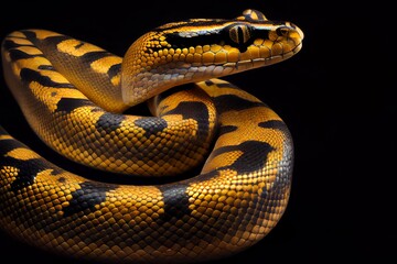 Fototapeta premium Close-up snake isolated on black background. Generative AI