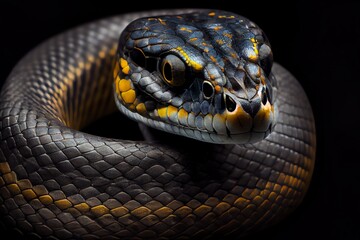 Fototapeta premium Close-up snake isolated on black background. Generative AI