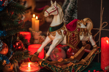 Christmas atmosphere, Holidays vibe, wicca energy magic, Chariot illustration. Christmas eve prediction. Attracting love, dynamic, money and luck into your life.  