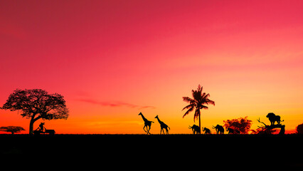 Fototapeta na wymiar Amazing sunset and sunrise.Panorama silhouette bird on africa with sunset.select focus.