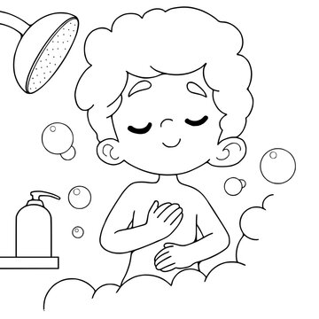 Boy taking a shower .Black and white vector illustration of a kids activity coloring book page.
