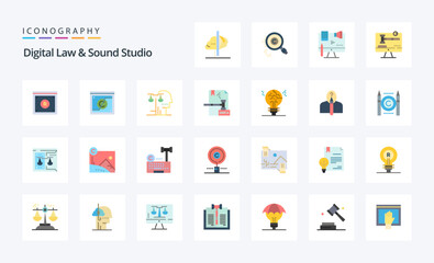 25 Digital Law And Sound Studio Flat color icon pack