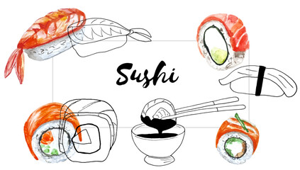 Sushi design for cover, menu, logo, design doodle and watercolor asian food