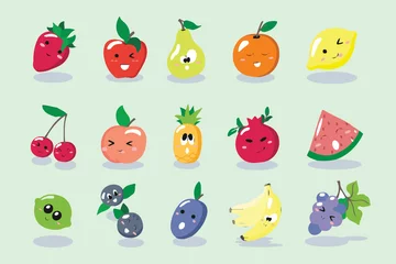 Fotobehang Cute set of cartoon fruits and berries icons. Illustration for cards, posters, flyers, webs and other use. © Jekaterina