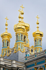 Fototapeta na wymiar Golden spires of the Church Of The Resurrection in Catherine's Palace - St. Petersburg