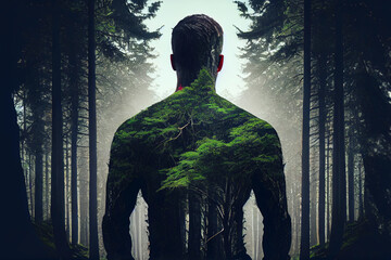 Mann wird zu Wald, Generative KI - obrazy, fototapety, plakaty