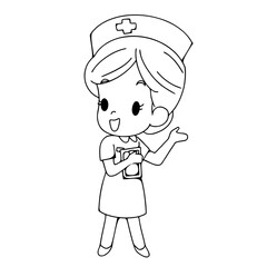 Young cute nurse cartoon providing.vector.coloring book