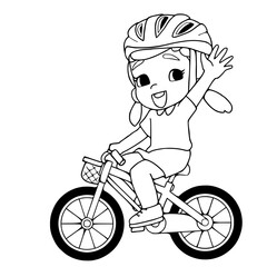 Young girl riding a bicycle in helmet.coloring book pages.vector illustration isolated on white background.