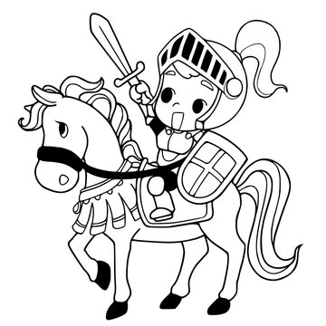 Knight holding sword riding the horse coloring page vector illustration isolated on white background.