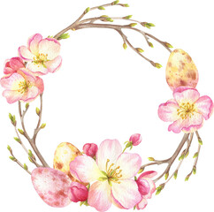 Fototapeta premium watercolor illustration with branches blooming apple tree and eggs