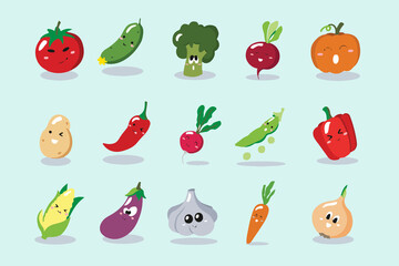 Cute set of cartoon vegetables icons. Illustration for cards, posters, flyers, webs and other use.