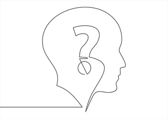 Continuous line drawing head with a question mark concept