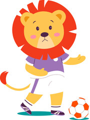Funny lion with ball play football flat icon Sport game