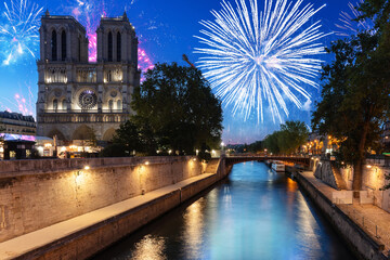 New Year fireworks display over the Notre Dame Cathedral in Paris, France