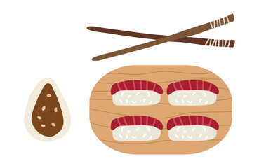 Sushi with tuna and soy sauce on wooden plate. Cute hand drawn cartoon illustration for asian food menu, stickers, wall art, restaurant logo