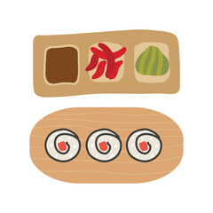 Sushi roll with salmon,and nori. wasabi, ginger, soy sauce on wooden plate. Cute hand drawn cartoon illustration for asian food menu, stickers, wall art, restaurant logo
