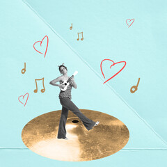 Conceptual contemporary art collage. Lovely, cute girl playing guitar ver mint background. Nice...