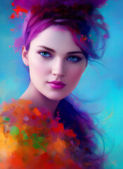 Beautiful woman with purple hair, painting of a beautiful girl. Digital illustration of a female face. Generative AI