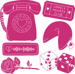 Vector set of valentine's day pink elements, love stickers in retro 2000s style, y2k aesthetic collection