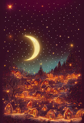 Obraz na płótnie Canvas Christmas illustration of a village with lights, night sky with the crescent and stars, AI generated image